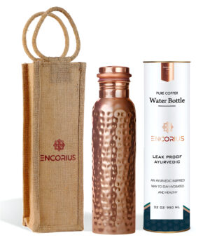 Encorius Pure Copper Water Bottle for Drinking with Jute Carry Bag – Hammered Finish, Leak Proof Lid Handcrafted Ayurvedic Copper Vessel 32 oz Extra Large for Staying Hydrated, Enjoying Health Benefits.