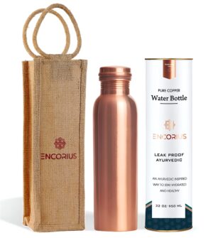 Encorius Pure Copper Water Bottle for Drinking with Jute Carry Bag – Smooth Finish, Leak Proof Lid Handcrafted Ayurvedic Copper Vessel 32 oz Extra Large for Staying Hydrated, Enjoying Health Benefits.