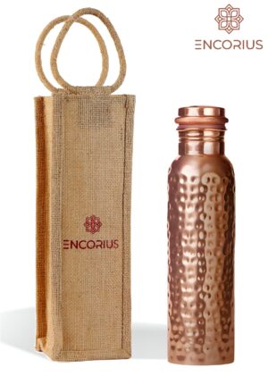 Encorius Pure Copper Water Bottle for Drinking with Jute Carry Bag – Hammered Finish, Leak Proof Lid Handcrafted Ayurvedic Copper Vessel 32 oz Extra Large for Staying Hydrated, Enjoying Health Benefits. - Image 2