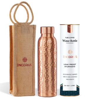 Encorius Pure Copper Water Bottle for Drinking with Jute Carry Bag – Oreo Hammered Finish, Leak Proof Lid Handcrafted Ayurvedic Copper Vessel 32 oz Extra Large for Staying Hydrated, Enjoying Health Benefits. (Copy)