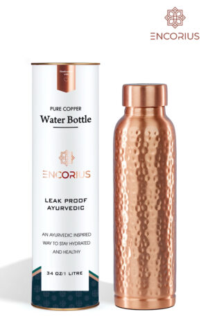 Encorius Pure Copper Water Bottle for Drinking with Jute Carry Bag – Oreo Hammered Finish, Leak Proof Lid Handcrafted Ayurvedic Copper Vessel 32 oz Extra Large for Staying Hydrated, Enjoying Health Benefits. (Copy) - Image 2